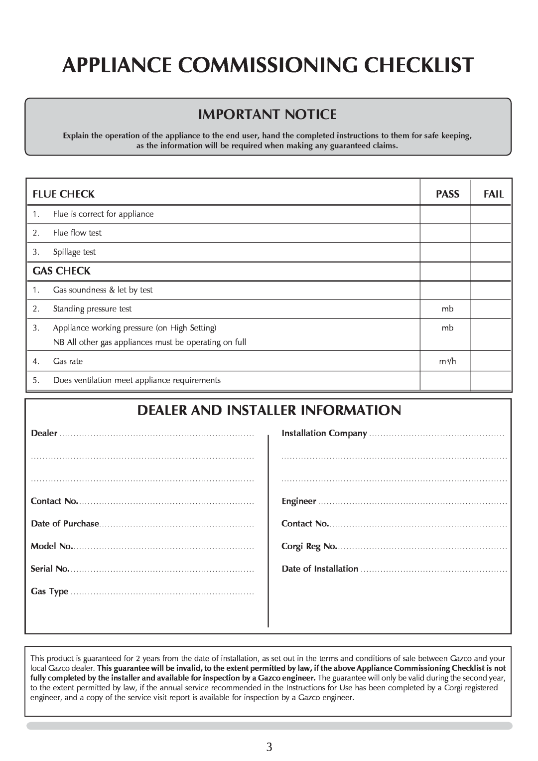 Stovax 8701CFCHEC, 8700CFCHEC Appliance Commissioning Checklist, IMPORTaNT NOTICE, Dealer And Installer Information, Pass 